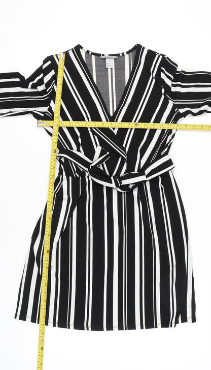 H&M Women’s Black White Striped Wrap Dress Size 8 Knee Length