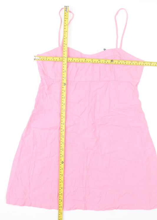 Zara Women Pink Linen Blend Slip Dress Size 14 Short Summer
