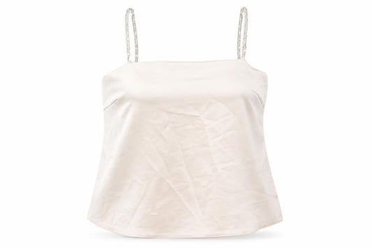 Front view of ASOS women’s beige camisole tank top, size UK 6, beaded straps polyester