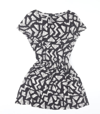 Topshop Women’s Black Geometric Skater Dress UK 8 Short Sleeve