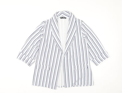 Quiz Women’s White Striped Blazer Size 14 3/4 Sleeve Open Jacket