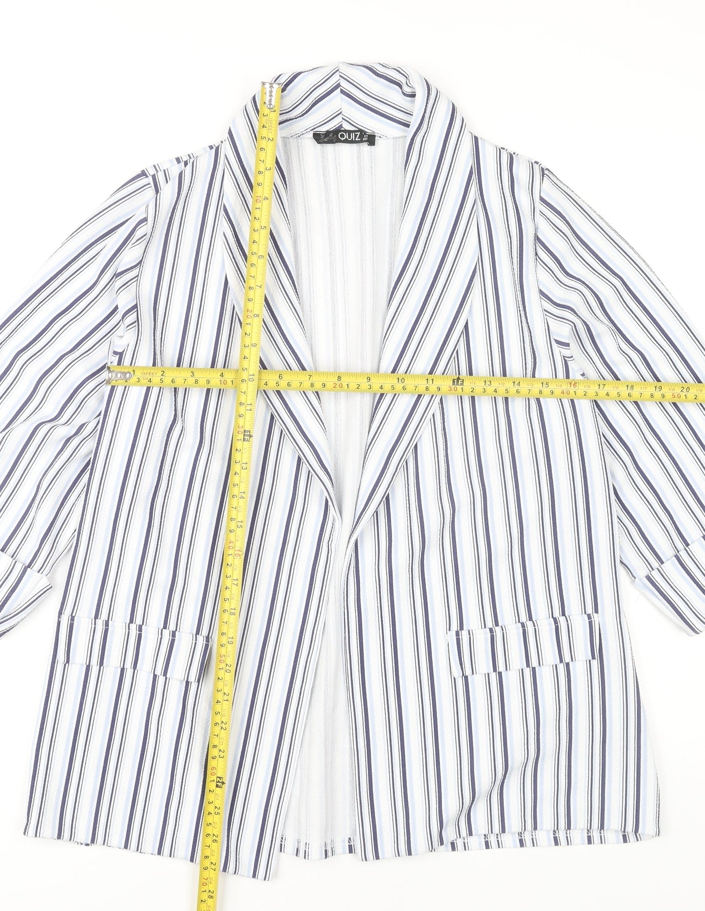 Quiz Women’s White Striped Blazer Size 14 3/4 Sleeve Open Jacket