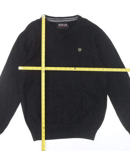 Retro Club Mens Black V-Neck Pullover Jumper L Cotton Blend