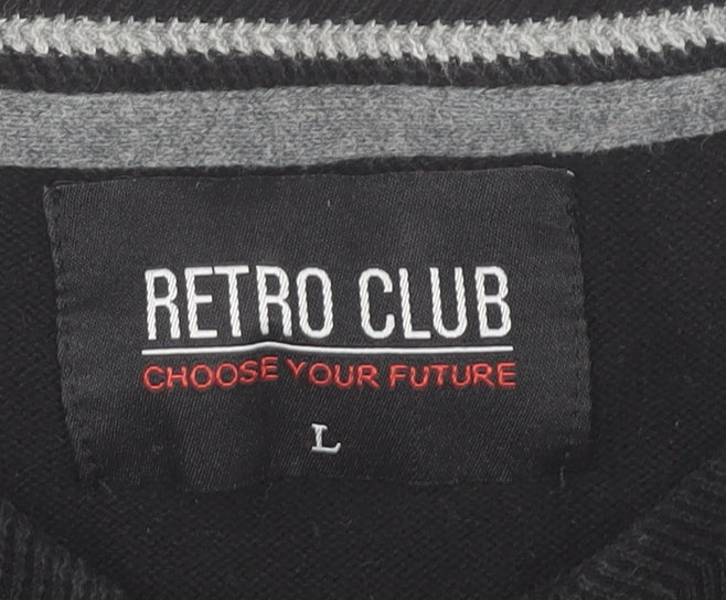 Retro Club Mens Black V-Neck Pullover Jumper L Cotton Blend