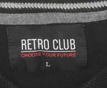 Retro Club Mens Black V-Neck Pullover Jumper L Cotton Blend
