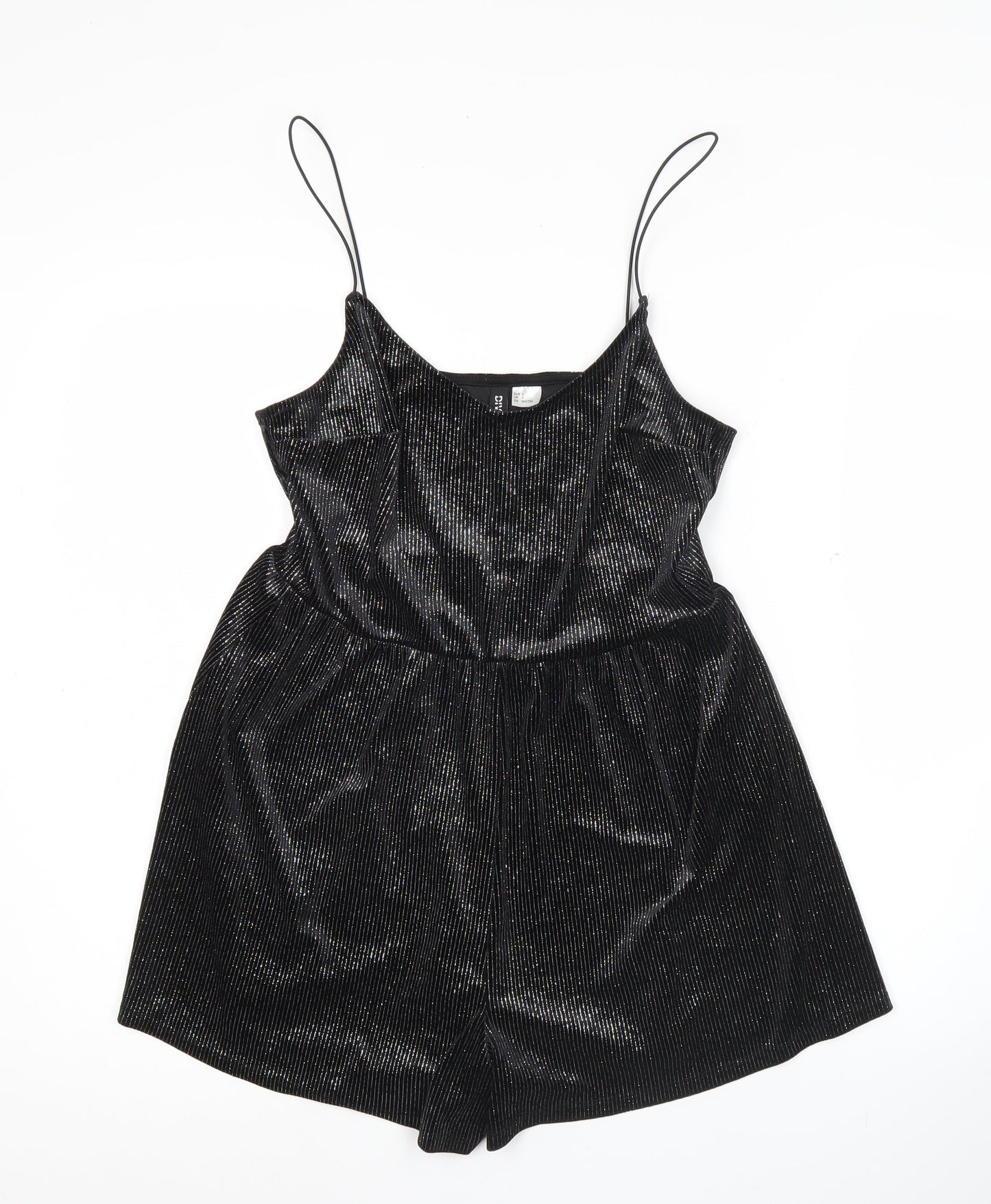 H&M Divided Women Black Shiny Velvet Playsuit Size S Sleeveless V-Neck