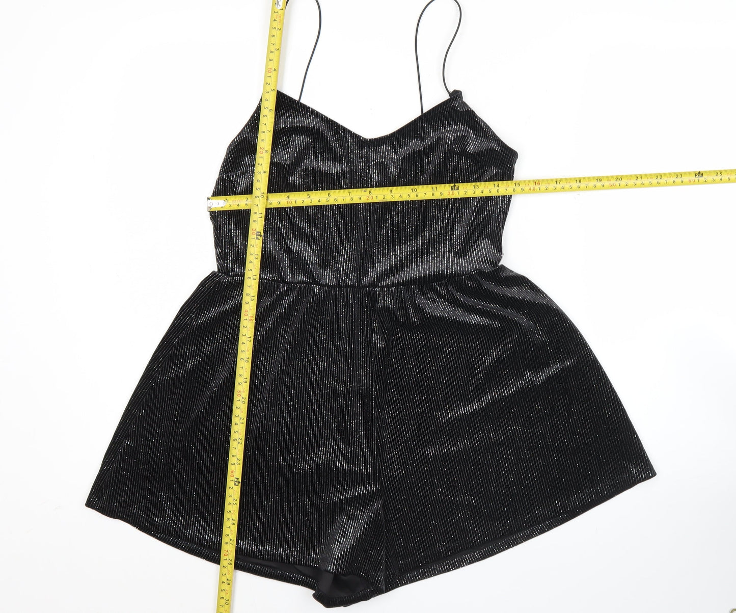 H&M Divided Women Black Shiny Velvet Playsuit Size S Sleeveless V-Neck