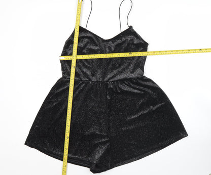 H&M Divided Women Black Shiny Velvet Playsuit Size S Sleeveless V-Neck