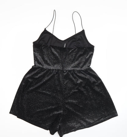 H&M Divided Women Black Shiny Velvet Playsuit Size S Sleeveless V-Neck