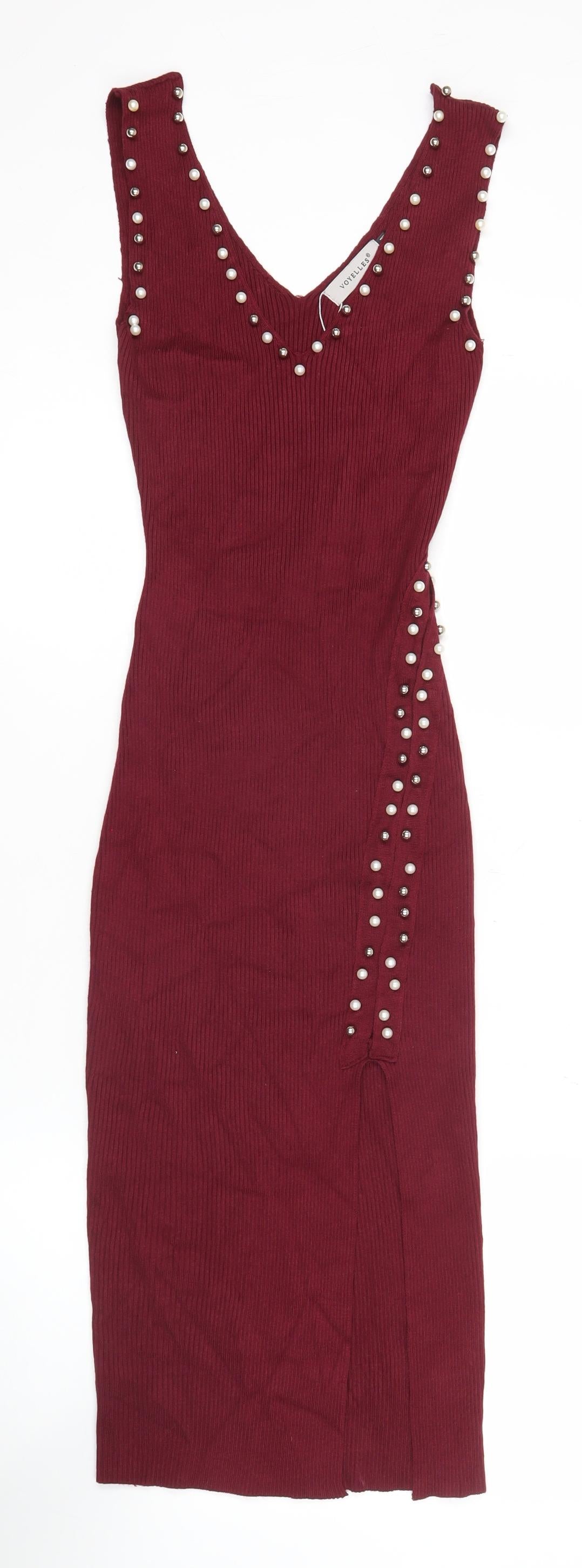Voyelles Women's Red Bodycon Midi Dress Small Sleeveless Beaded Partywear