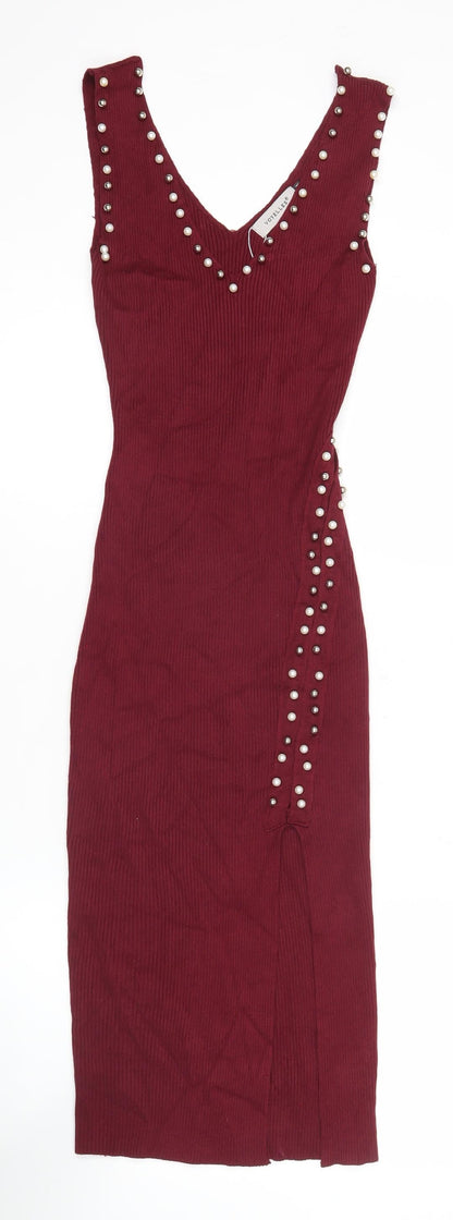 Voyelles Women's Red Bodycon Midi Dress Small Sleeveless Beaded Partywear