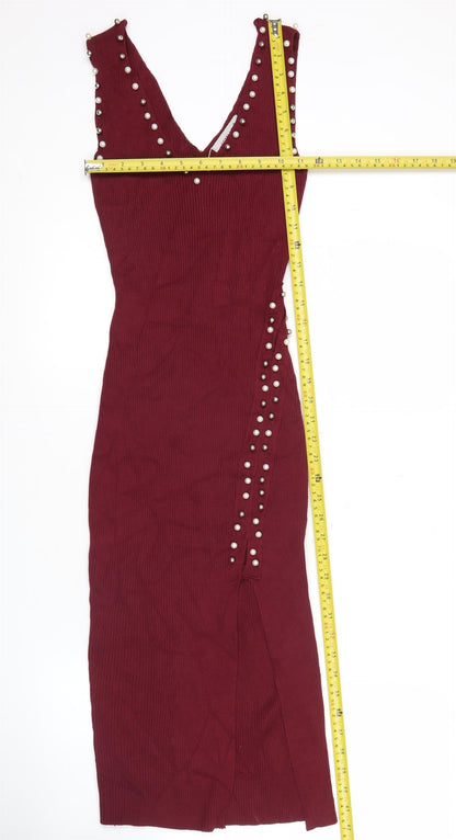 Voyelles Women's Red Bodycon Midi Dress Small Sleeveless Beaded Partywear