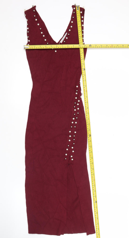 Voyelles Women's Red Bodycon Midi Dress Small Sleeveless Beaded Partywear