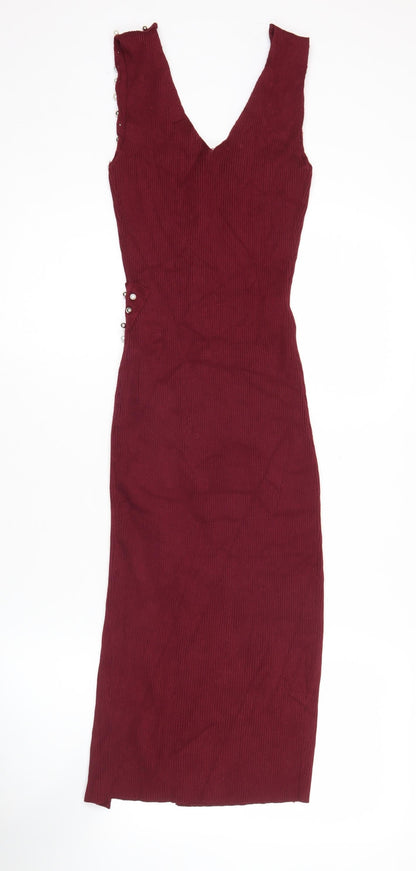 Voyelles Women's Red Bodycon Midi Dress Small Sleeveless Beaded Partywear