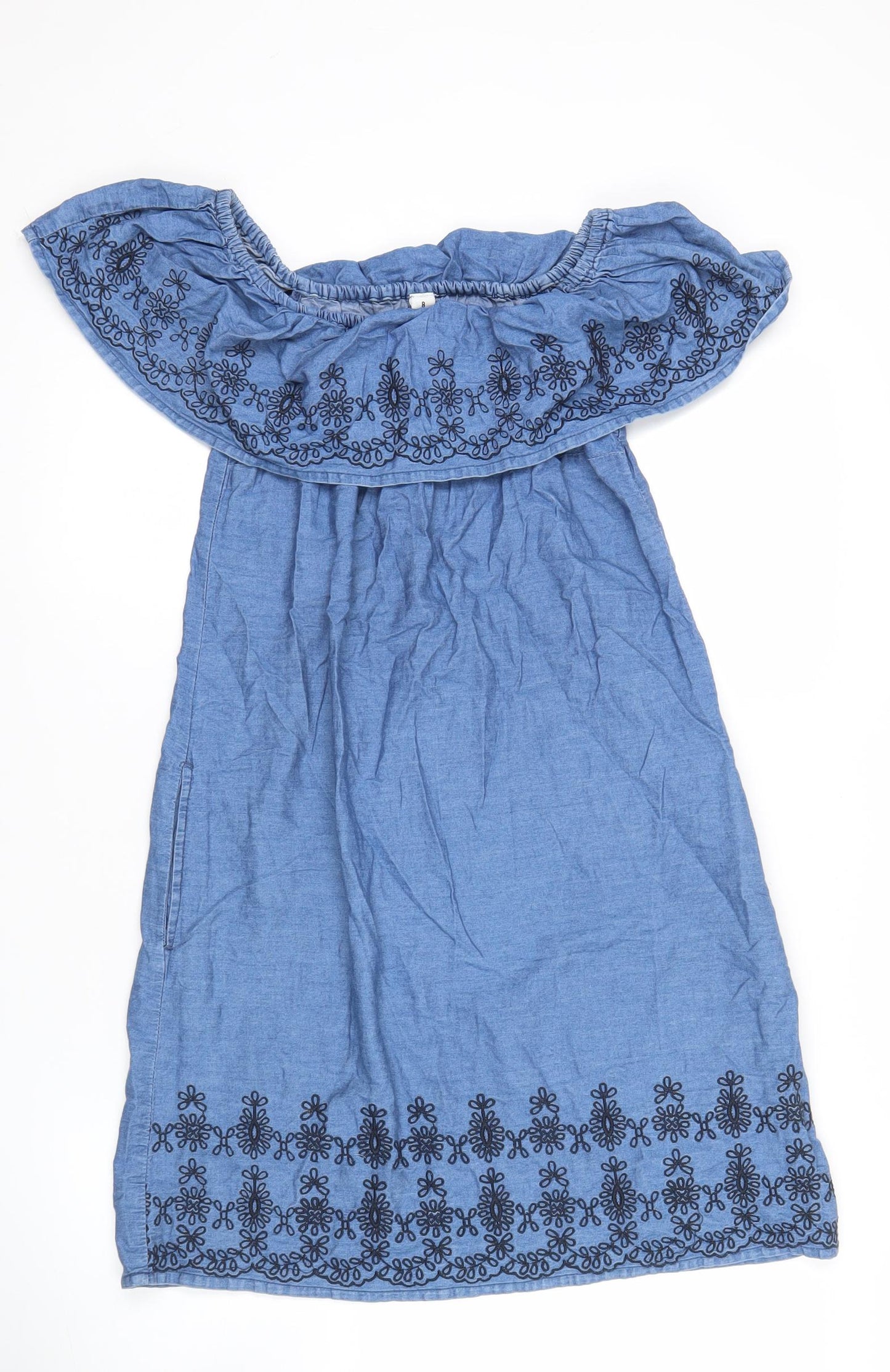 Women’s Blue Cotton Off Shoulder Embroidered Dress Size 8