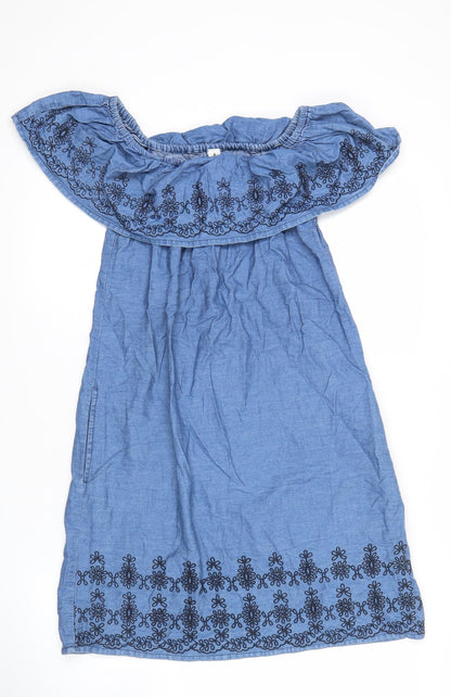 Women’s Blue Cotton Off Shoulder Embroidered Dress Size 8
