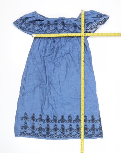 Women’s Blue Cotton Off Shoulder Embroidered Dress Size 8