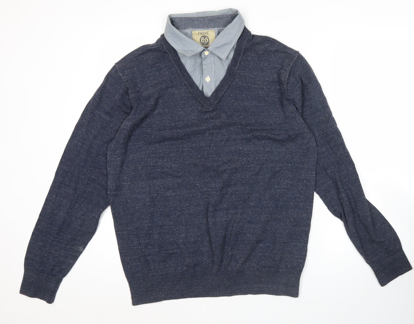 Next Men’s Blue V-Neck Pullover Jumper Knitwear Size L Cotton Blend