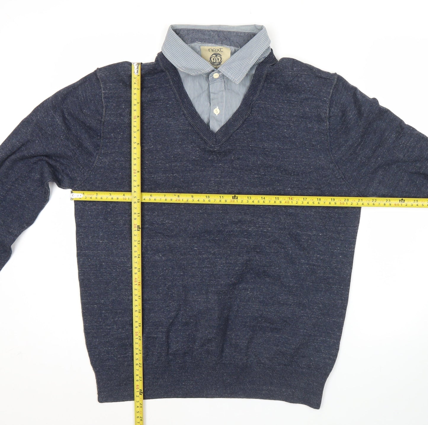 Next Men’s Blue V-Neck Pullover Jumper Knitwear Size L Cotton Blend