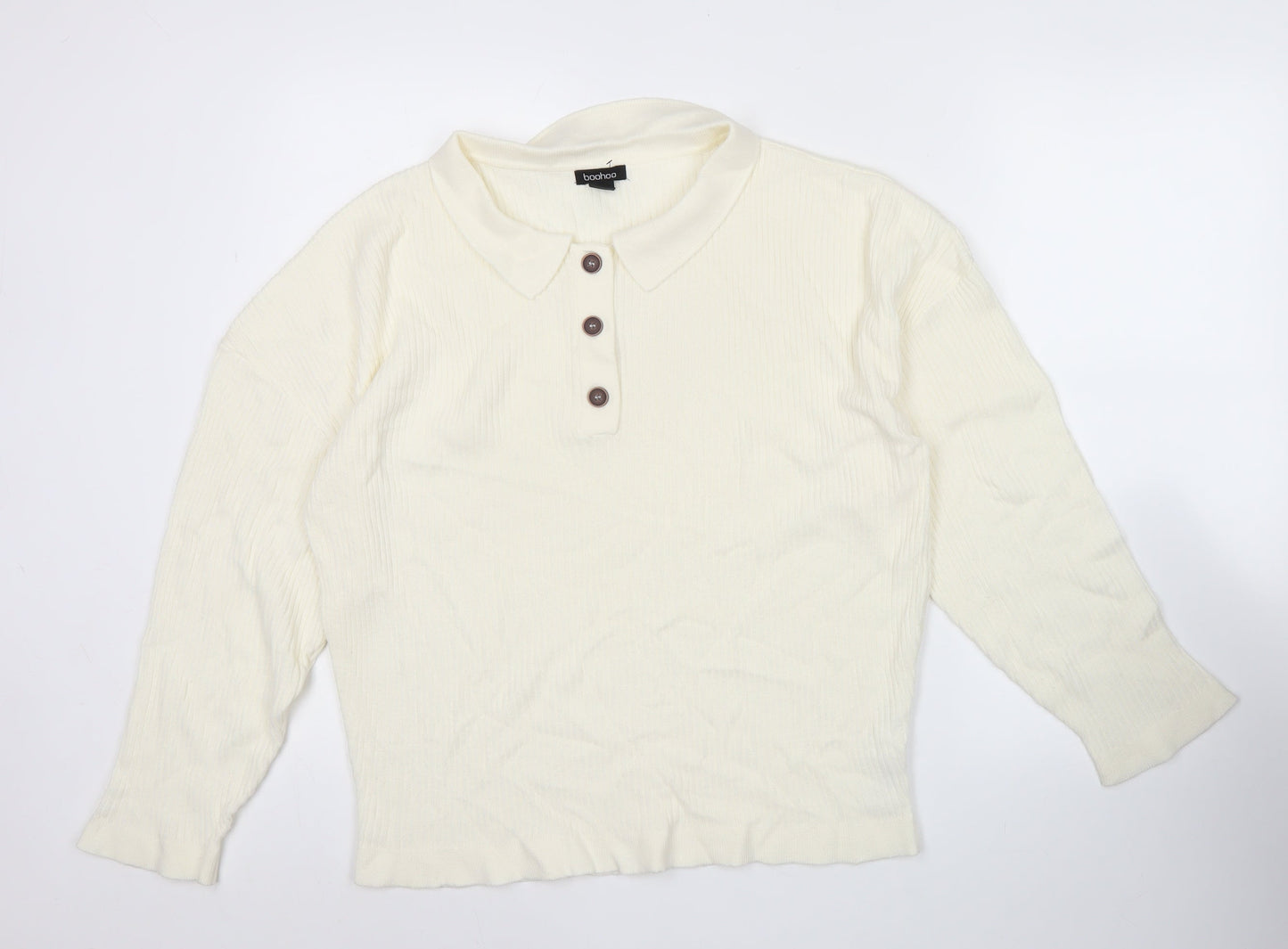 boohoo Womens Ivory Collared Henley Jumper Size S Long Sleeve Knit