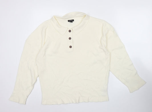 boohoo Womens Ivory Collared Henley Jumper Size S Long Sleeve Knit