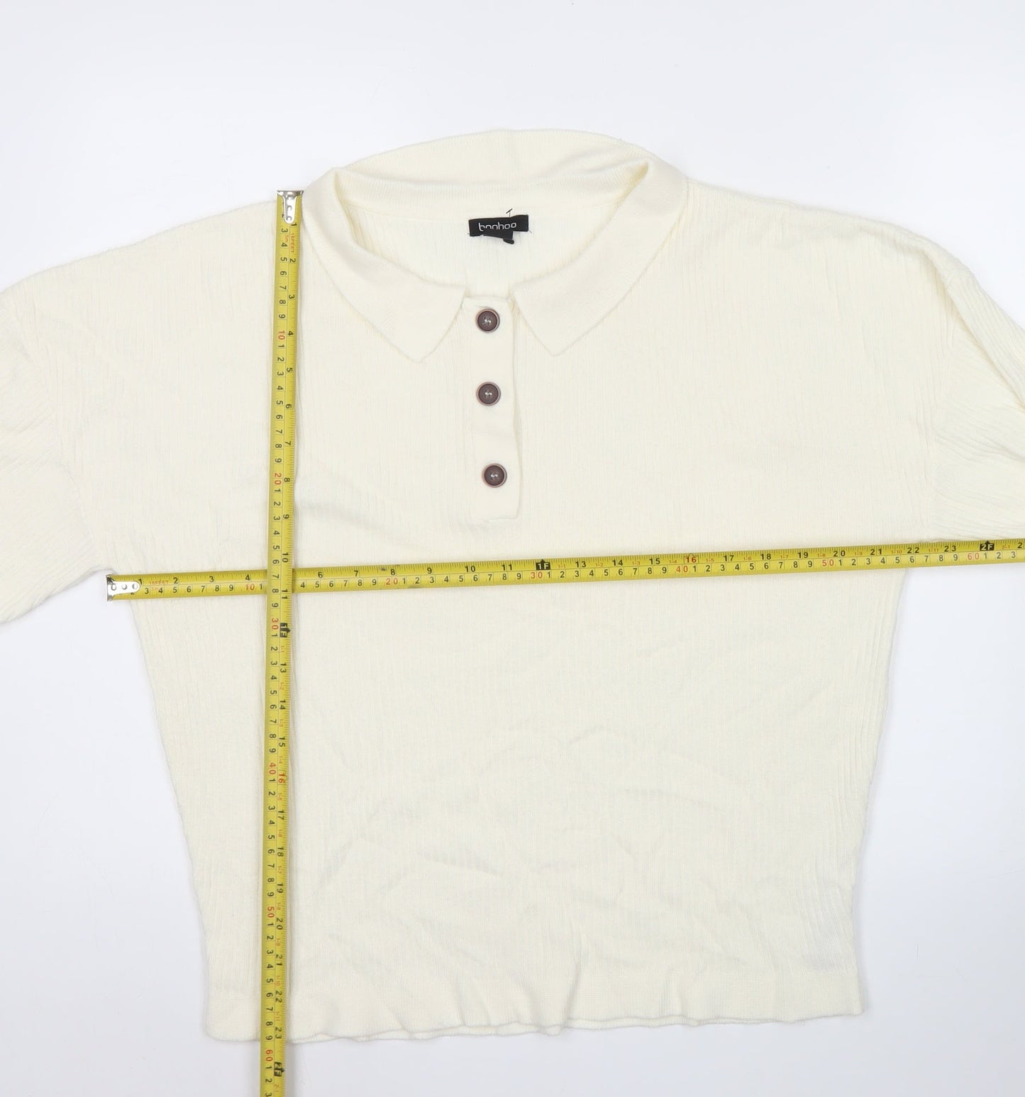 boohoo Womens Ivory Collared Henley Jumper Size S Long Sleeve Knit