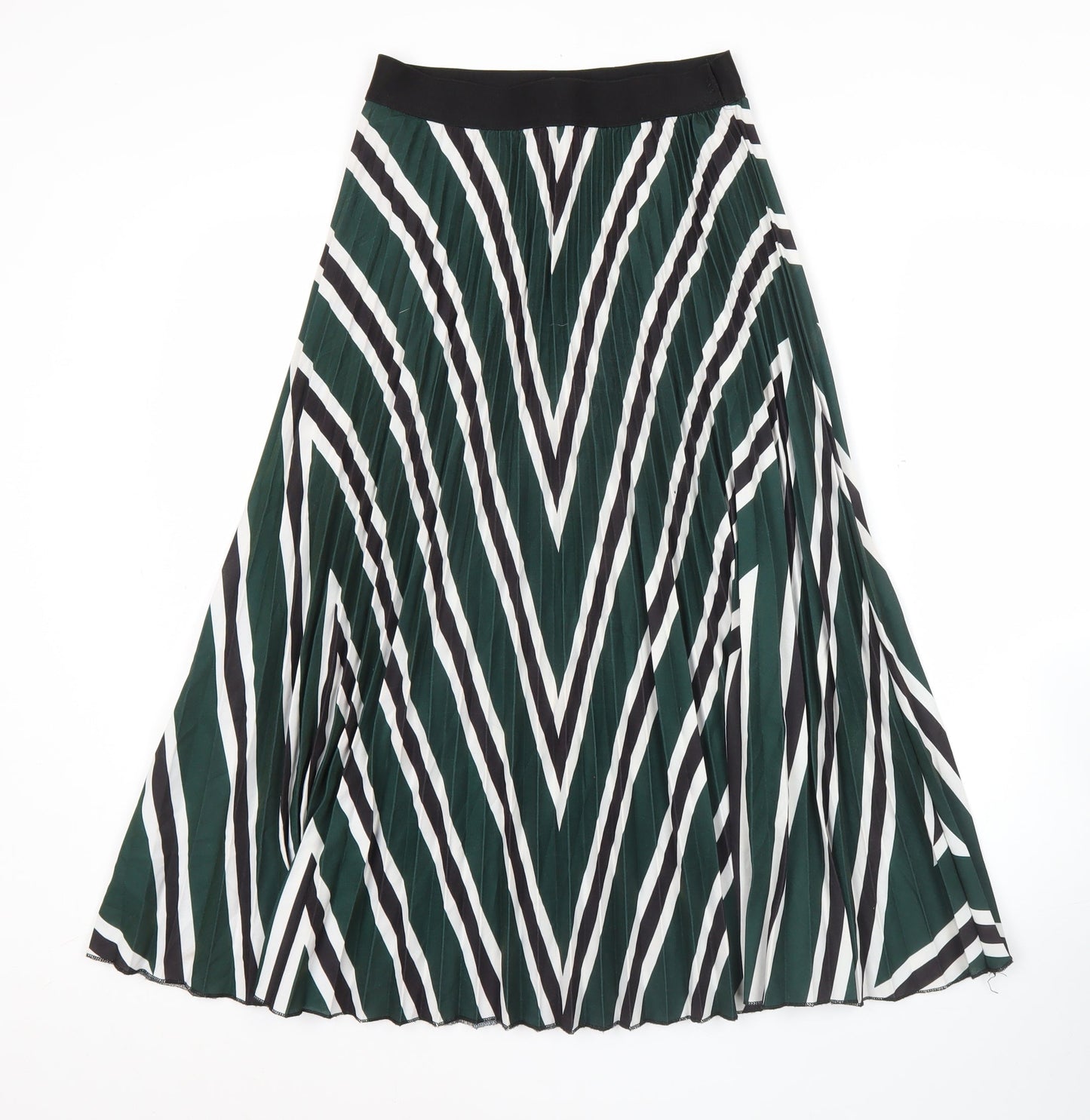 H&M Women's XS Green Pleated Midi Skirt Striped Polyester