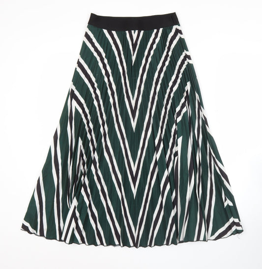 H&M Women's XS Green Pleated Midi Skirt Striped Polyester