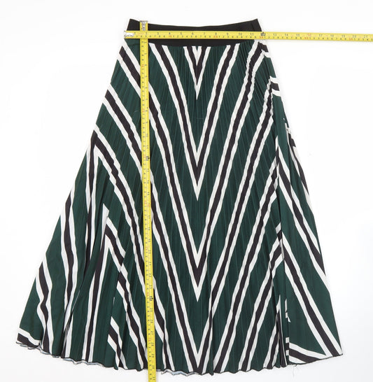H&M Women's XS Green Pleated Midi Skirt Striped Polyester
