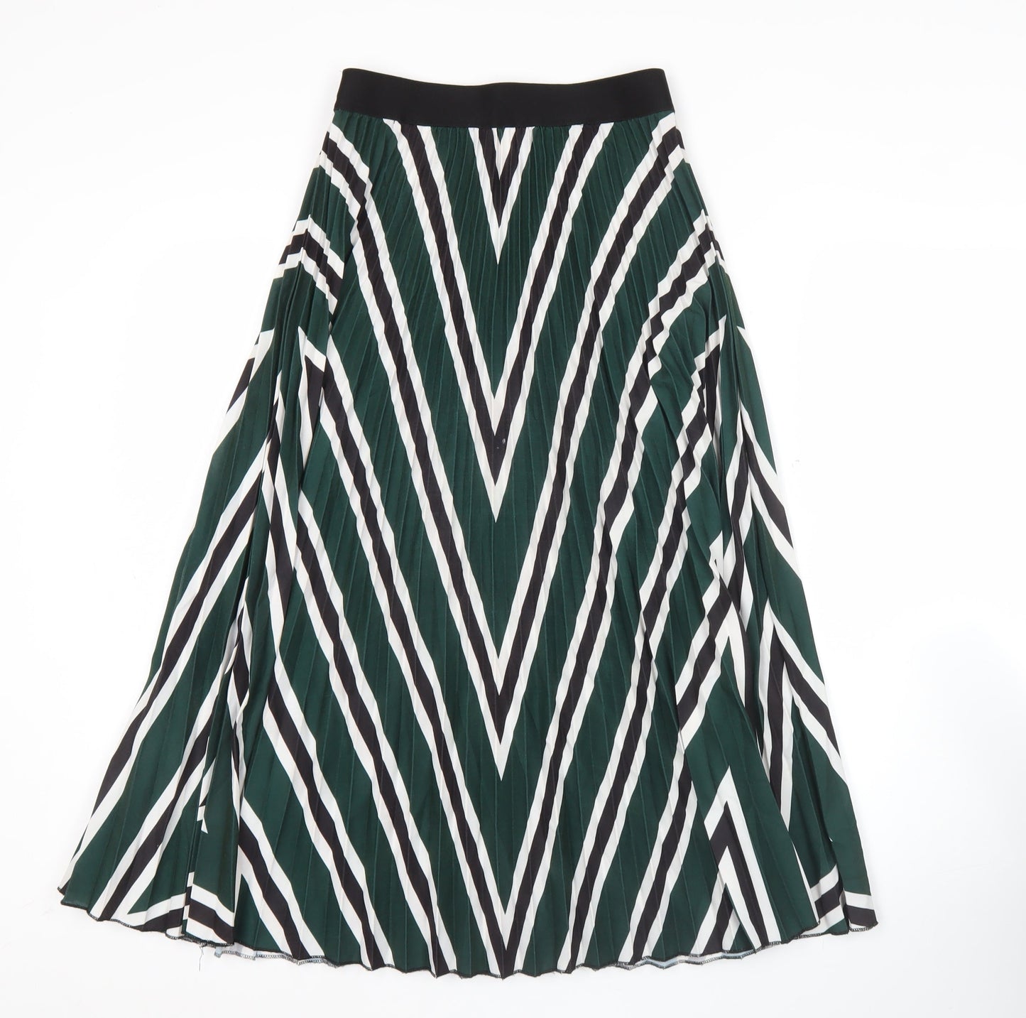 H&M Women's XS Green Pleated Midi Skirt Striped Polyester