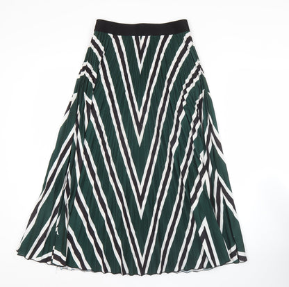 H&M Women's XS Green Pleated Midi Skirt Striped Polyester
