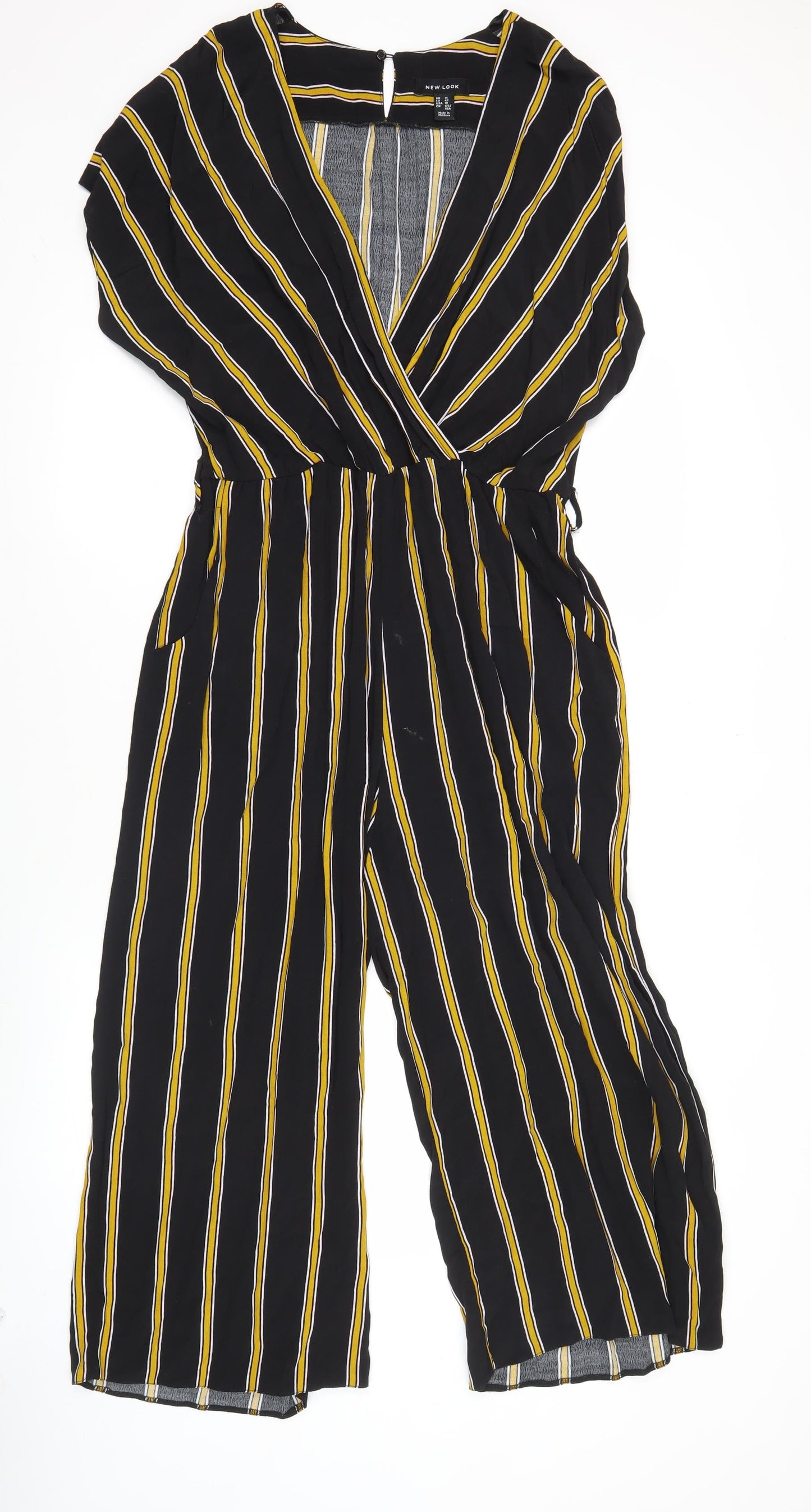 New Look Women Black Striped Jumpsuit Size 14 Wide-Leg V-Neck