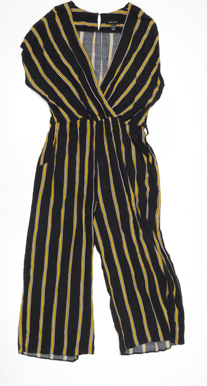 New Look Women Black Striped Jumpsuit Size 14 Wide-Leg V-Neck