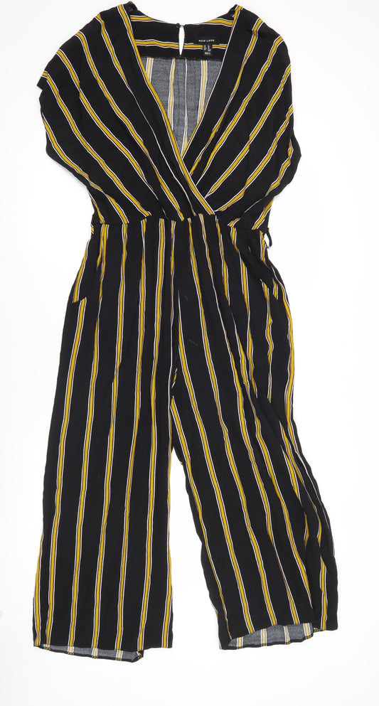 New Look Women Black Striped Jumpsuit Size 14 Wide-Leg V-Neck