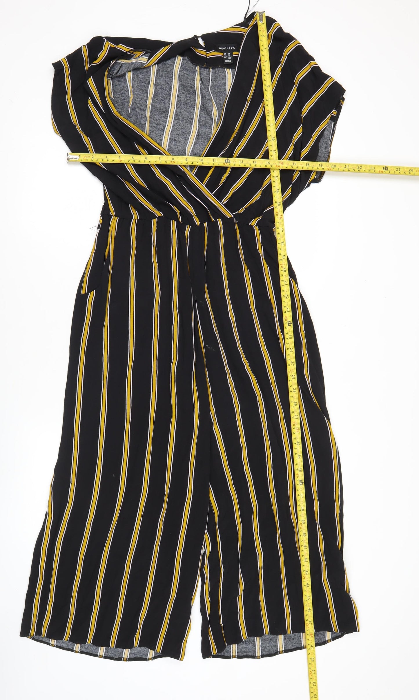 New Look Women Black Striped Jumpsuit Size 14 Wide-Leg V-Neck