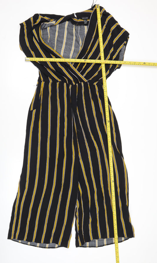New Look Women Black Striped Jumpsuit Size 14 Wide-Leg V-Neck