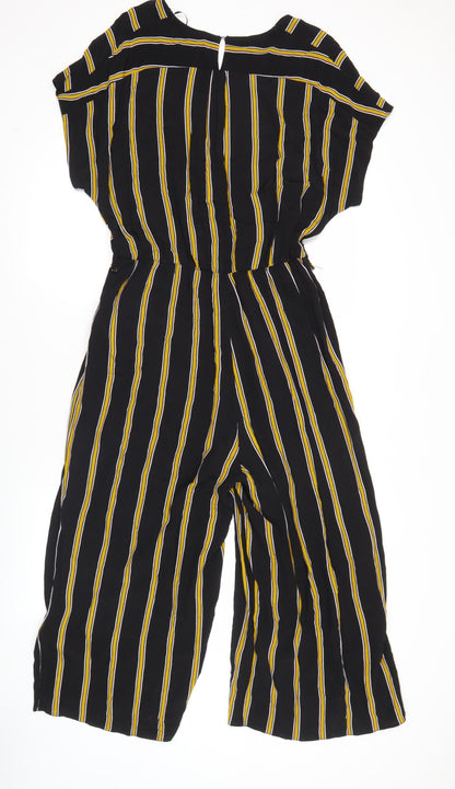 New Look Women Black Striped Jumpsuit Size 14 Wide-Leg V-Neck