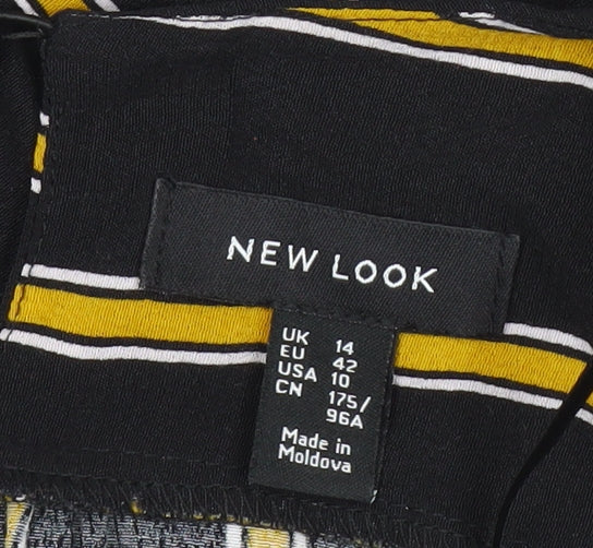 New Look Women Black Striped Jumpsuit Size 14 Wide-Leg V-Neck