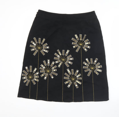 Boden Women Black A-Line Knee Length Skirt UK 12 Floral Sequin