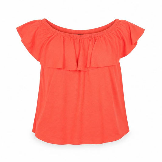 Front view of Roman Women’s Orange Off Shoulder Ruffle Blouse, size UK 10