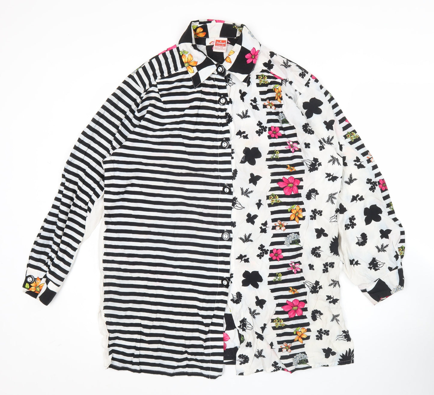 Triumph International Womens Black White Pink Floral Stripe Button Up Shirt Size 10