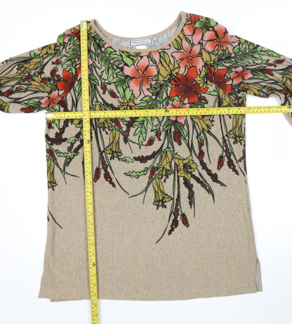Simonton Says Womens Beige Floral Pullover Jumper M Scoop Neck Long Sleeve