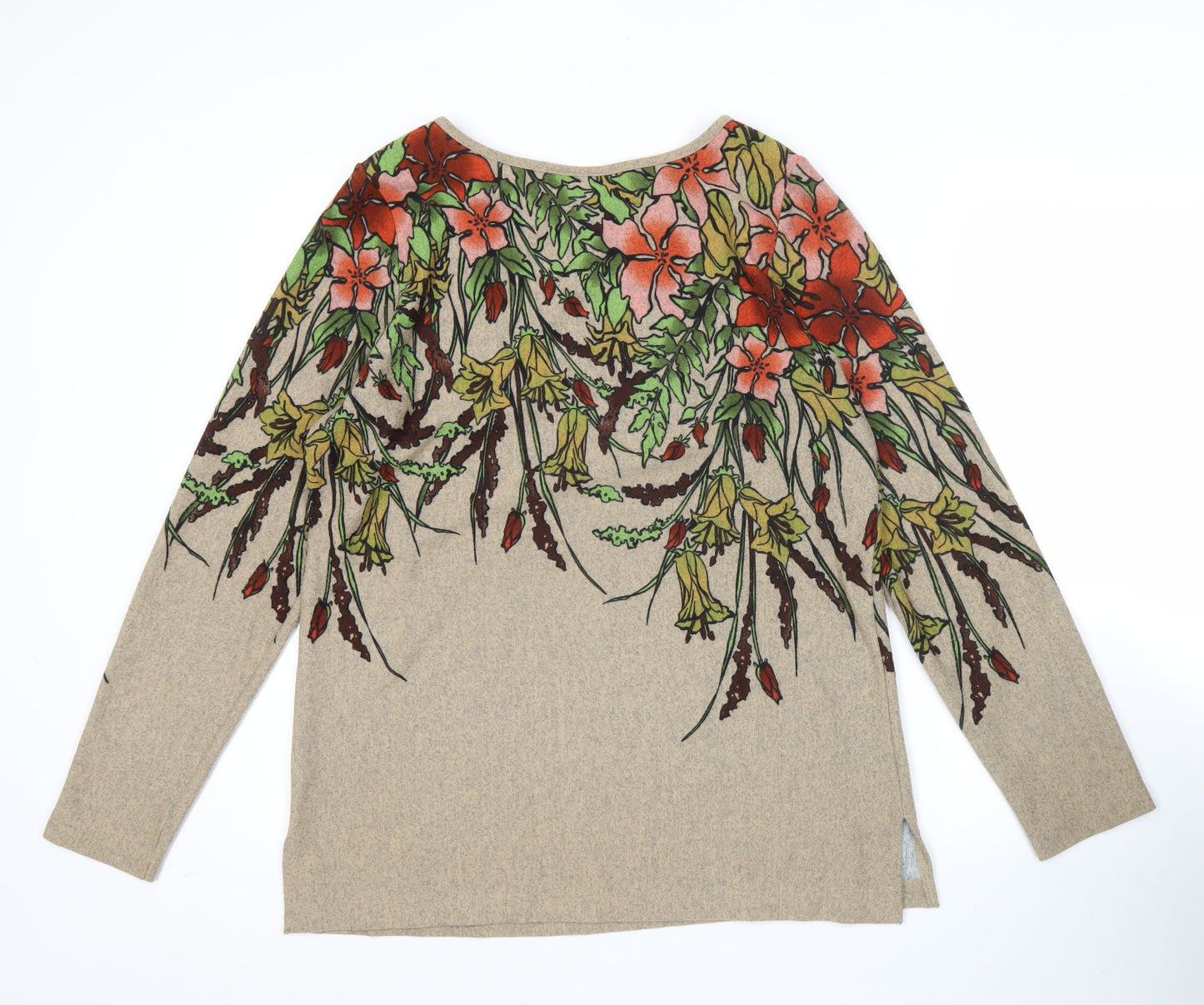 Simonton Says Womens Beige Floral Pullover Jumper M Scoop Neck Long Sleeve