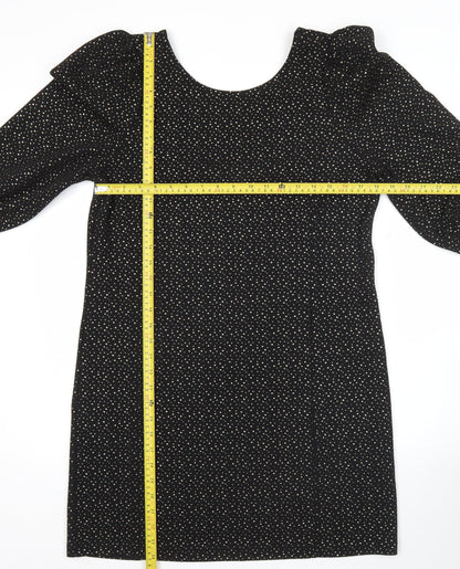 Monki Women Black Polka Dot Shift Dress Size 12 3/4 Sleeve Scoop Neck