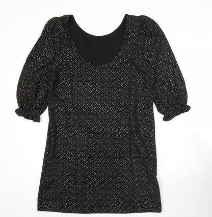 Monki Women Black Polka Dot Shift Dress Size 12 3/4 Sleeve Scoop Neck