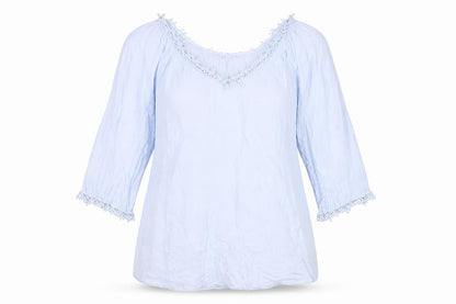 Zara Women Blue Tunic Blouse Size 10 Crochet V-Neck 3/4 Sleeve