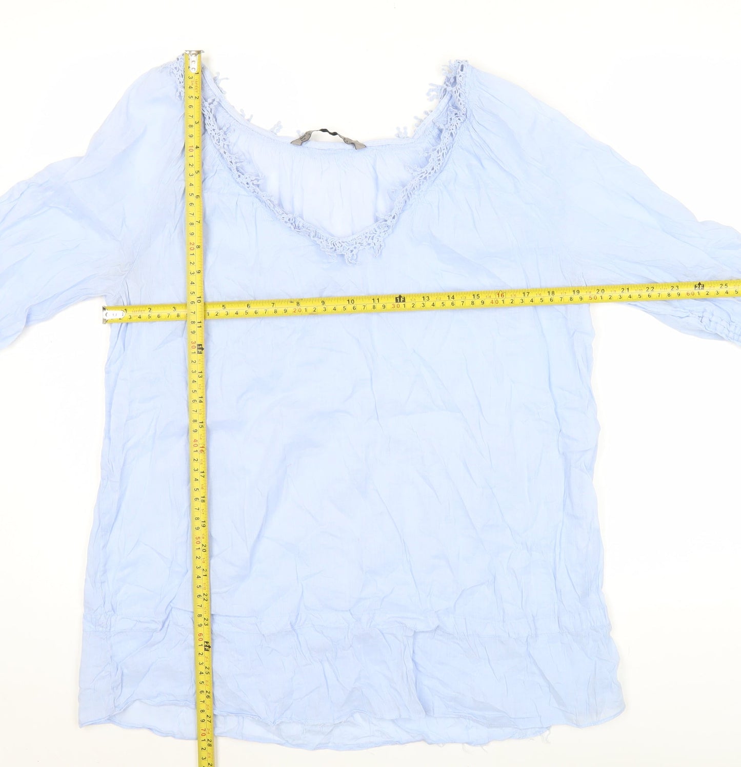 Zara Women Blue Tunic Blouse Size 10 Crochet V-Neck 3/4 Sleeve