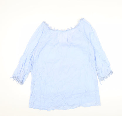 Zara Women Blue Tunic Blouse Size 10 Crochet V-Neck 3/4 Sleeve