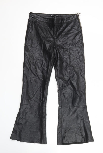 Bershka Women’s Black Faux Leather Flared Zip Trousers Size 6
