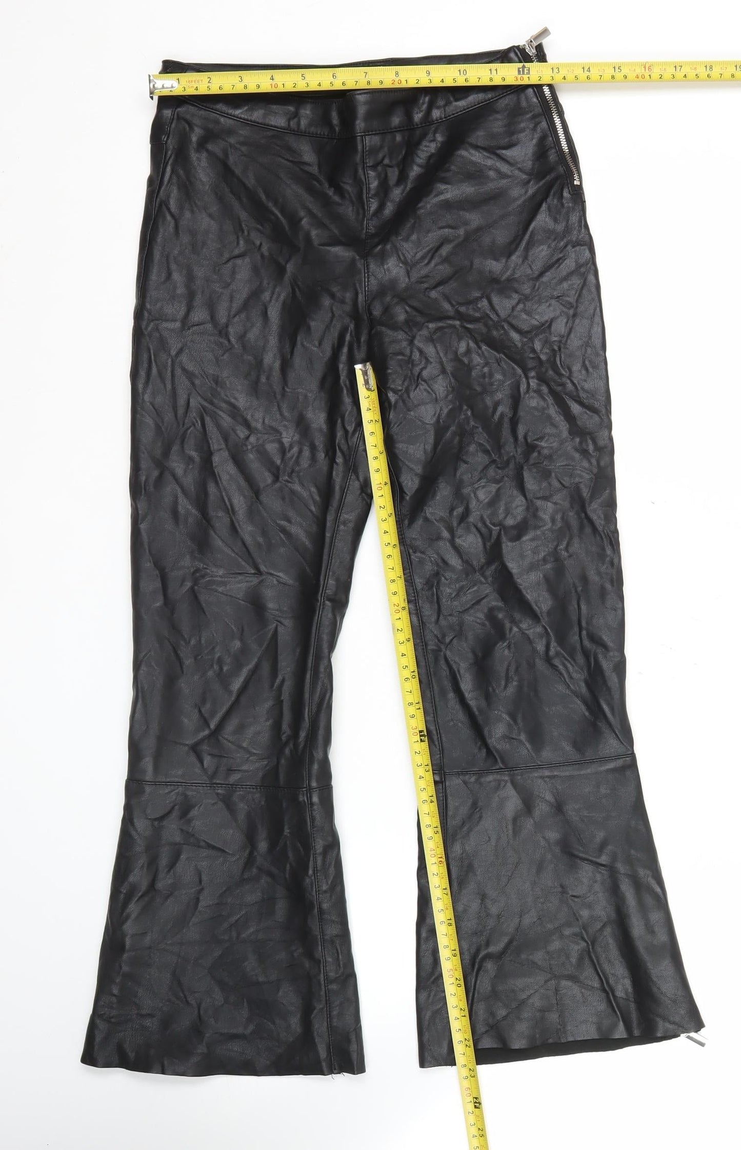 Bershka Women’s Black Faux Leather Flared Zip Trousers Size 6